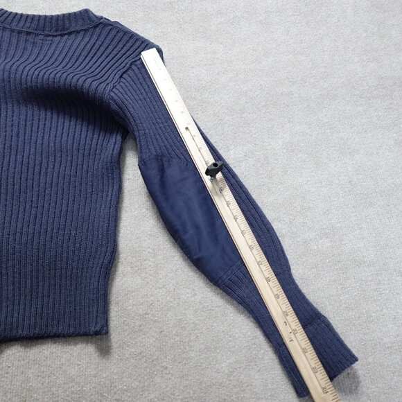 Woolly Pully Sweater Small Blue Solid V-Neck Elbow Patches Commando Epaulets - Picture 6 of 7